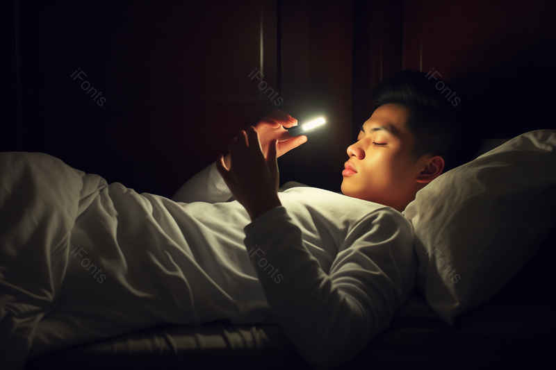 室内年轻男士深夜躺在床上玩手机,高清,摄影图,摄影图片,图片大全,摄影图免费下载